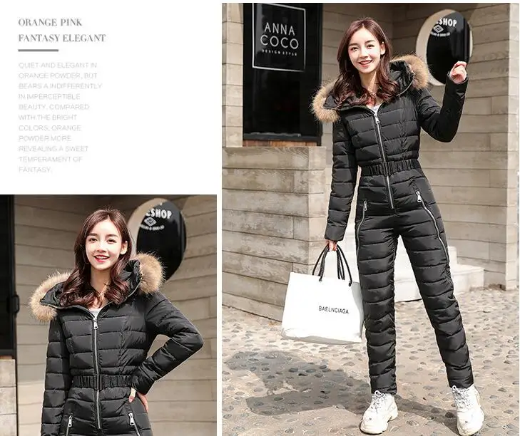 down jacket suit women piece thick coat winter fashion one-piece suits waist slim ski women parka