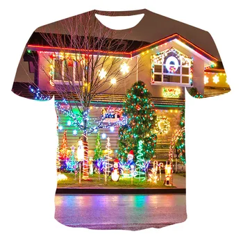 

3D men's casual T-shirt, snow pumpkin lamp featured T-shirt, Christmas tree Festival T-shirt, Santa Claus printed couple T-shirt
