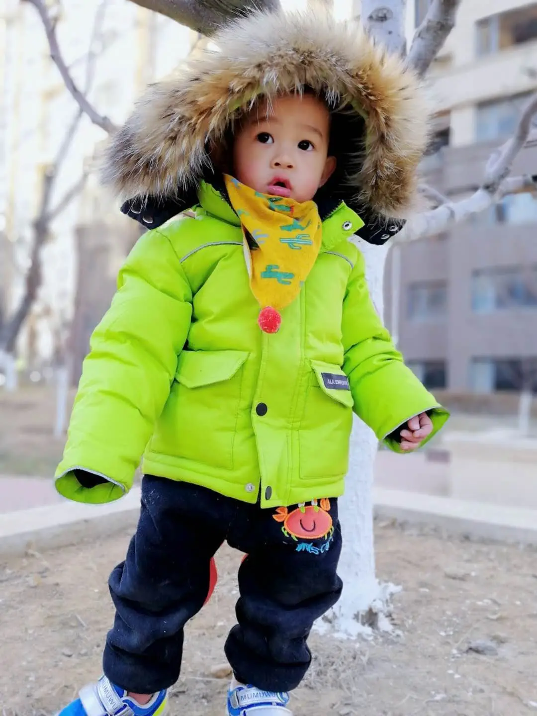 Детский пуховик средней длины Разлагаемый ветрозащитный Теплый хлопковый костюм с меховым воротником подходит для детей возрастом от 1 года до 3 лет