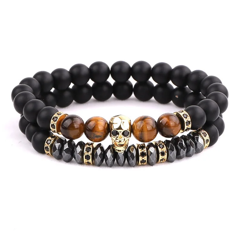 Jewelry factory selling fashion design matte onyx tiger eye CZ skull charm beaded bracelet men jewelry - Image 2