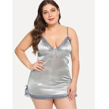 

Sexy Sleepwear Summer Women Sexy Plus Size Contrast Lace Slips Thong Nightdress Bowknot Lingerie Solid Wire Free Seamless Dress
