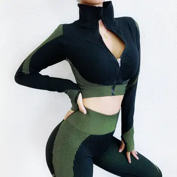 Gym set Women Sport Set 2pcs Long Sleeve Yoga Tracksuit Women Elastic Yoga Set Gym shirts with zipper and High Waist yoga pant 4