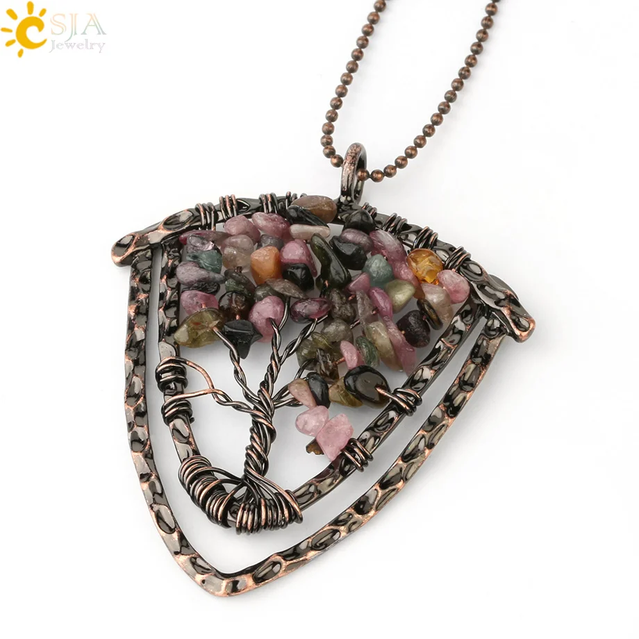Tourmaline Necklace CSJA ручной работы натуральные каменные подвески, ожерелья для мужчин "Древо жизни" проволочный обруч чип бусины Винтаж 7 ЧАКРА КРИСТАЛЛ ювелирные изделия G329 - Окраска металла: Tourmaline Necklace
