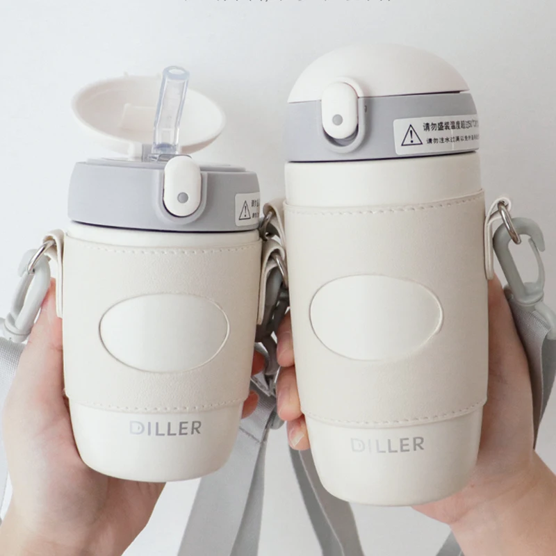 

Cute Coffee Thermos Girls with Straw Strap Kawaii Belly Water Bottle Stainless Creative Garrafa Termica Cup Portabl Thermal Gift