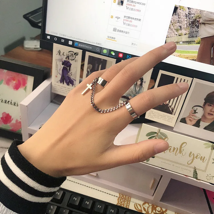 Chain Cross Combination Ring Aesthatic for Women Punk Hip Hop Rings Men Grunge Vintage Korean Jewelry | Украшения и аксессуары