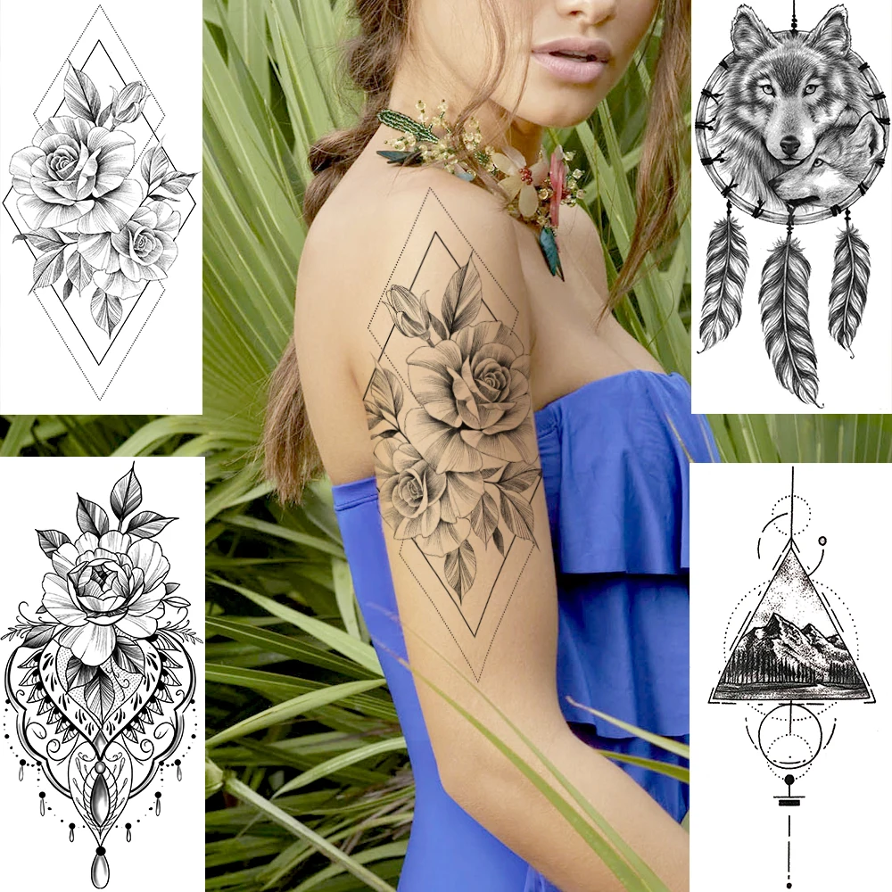 

Geometric Flower Temporary Tattoos Sticker Fake Jewelry Dreamcatcher Mountain Tatoos Waterproof Black Wolf Tatoos For Women Men