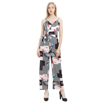 

Summer Bodycon Party Backless Flower Print Sleeveless Overalls Clothes Sexy V-neck Jumpsuit Women Wide Leg Romper