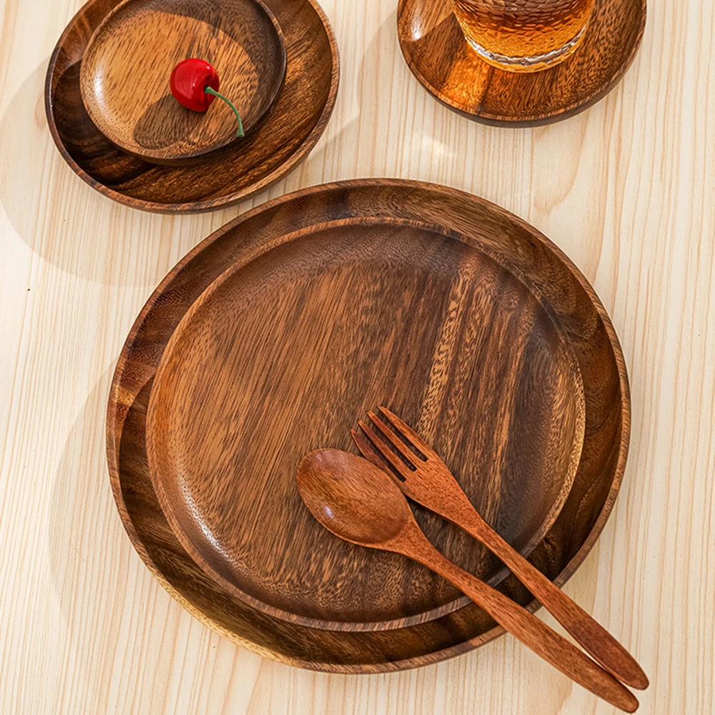 Wood Hand-made Acacia Dinner Plates Unbreakable Round Wood Plates for Fruits Dishes Snacks Dessert Serving Tray Tableware