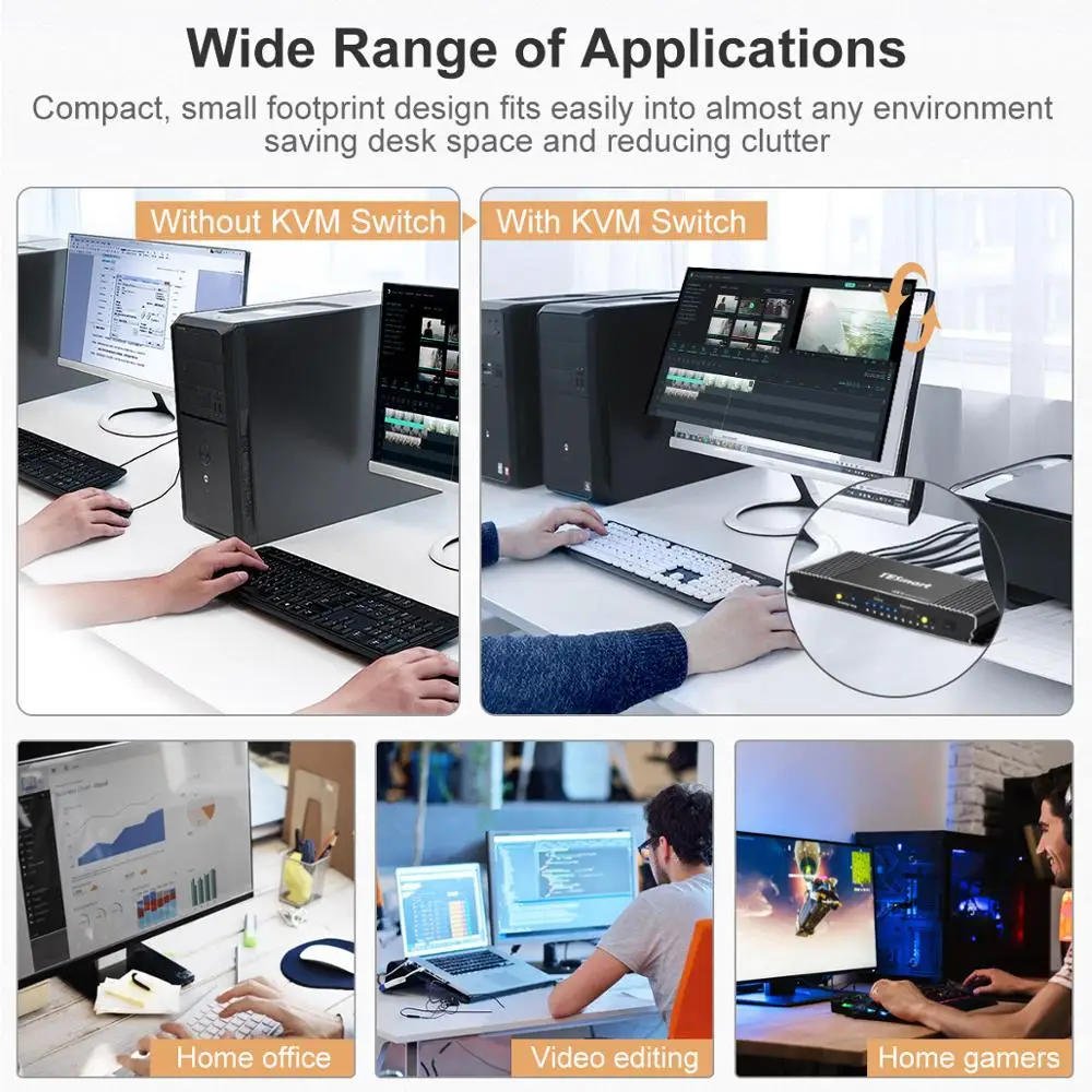 KVM Switch 4 Port 4K@60Hz Ultra HD 4x1 with 2 Pcs 5ft KVM Cables Supports USB 2.0 Device Keyboay  & Mouse Pass Through