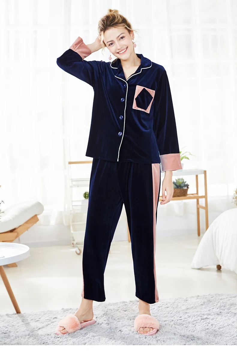 Yao Ting новые бархатные пижамы Осень и зима дамы с длинными рукавами брюки хит цвет домашний сервис двухсекционный костюм SR919 - Цвет: Navy