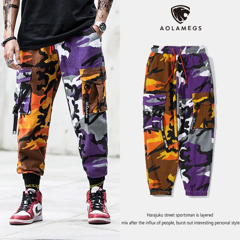 

Aolamegs Sweatpants Patchwork Color Drawstring Pants Men Cargo Style Elastic Waist Hip Hop Loose High Street Joggers Streetwear