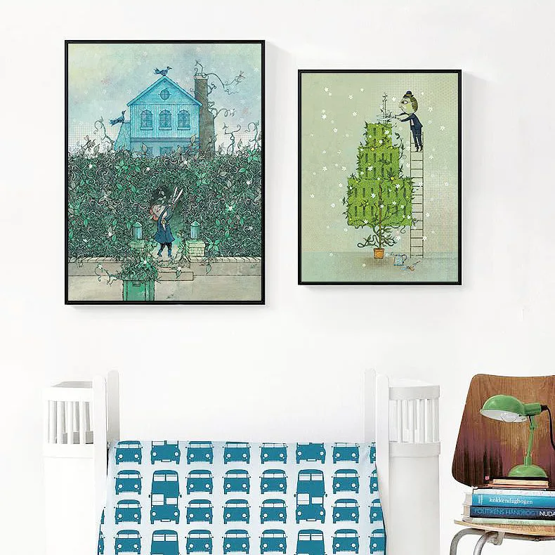 Home Decor Modular Pictures Canvas Printed Painting Nordic Farmer Work Orchard red fruit cartoon boy nursery  Kids Children Room