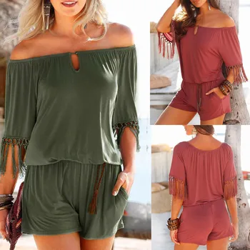 

Fashion Summer Playsuits For Womens Tassel Jumpsuits Casual Clothes Romper Off Shoulder Playsuit Short Pants Ropa Mujer 2020 #C2