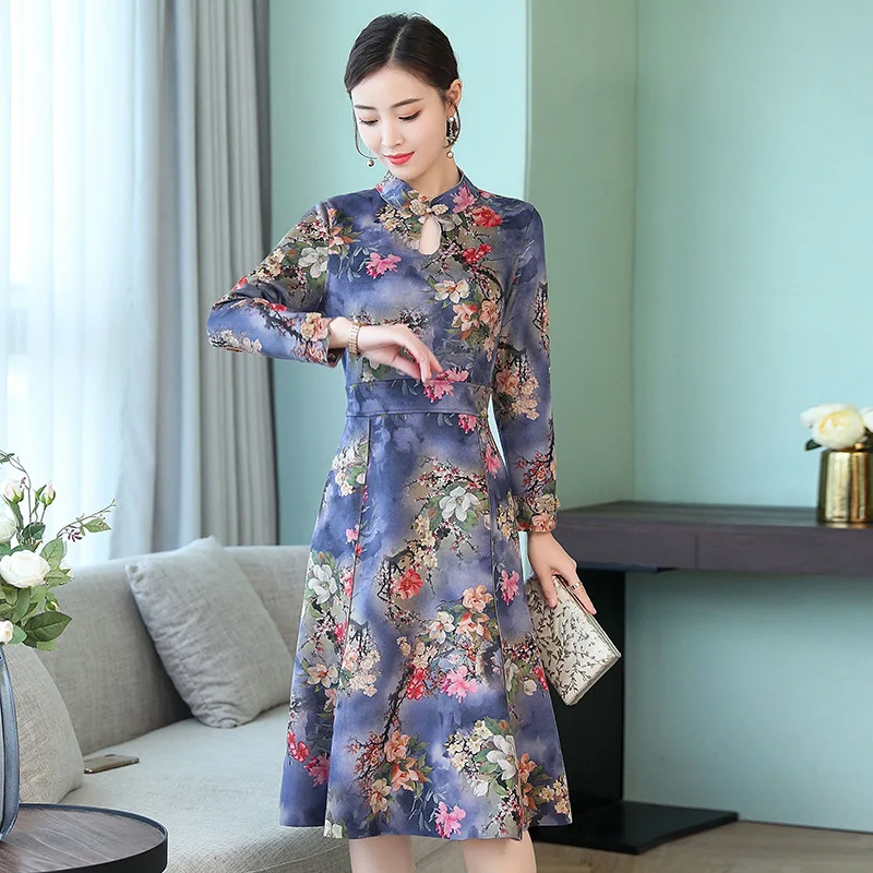 Оленья кожа бархат cheongsam платье осенняя одежда стиль женщин среднего возраста платье элегантный этнический стиль с длинным рукавом Mid-leng