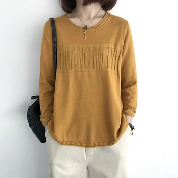 

Fall Winter New Loose Embroidered Letter Pullover Sweater Long Sleeve Shirt Thin Crew Neck Slimming Base Yellow Sweater Woman