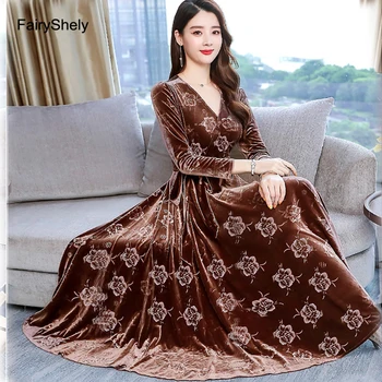 

FairyShely Autumn Velvet Print Dress 2020 Vintage V Neck Women Long Sleeve Dress Mid Court Belt Dress femme robe jurk
