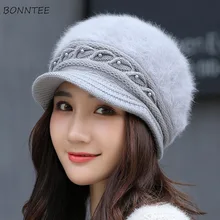 Женские однотонные теплые шапки в Корейском стиле, шапка из кроличьего меха, трендовая Элегантная универсальная утолщенная женская шапка Skullies, милые Повседневные вязаные шапки