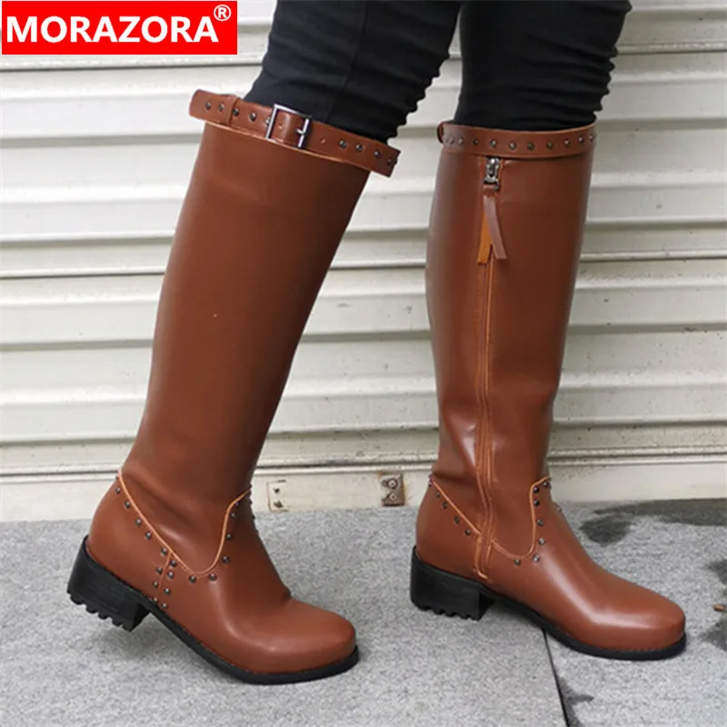 

MORAZORA 2020 new arrival women knee high boots square heel round toe autumn winter boots zip rivet fashion casual shoes woman