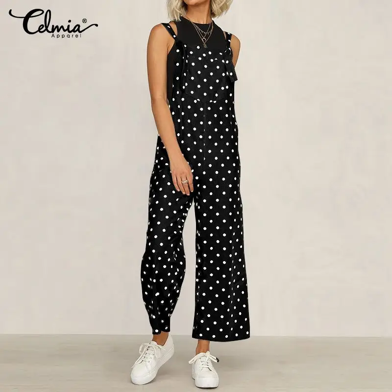 Летние комбинезоны в горошек, женские модные длинные комбинезоны без рукавов с открытой спиной, повседневные Широкие штаны, панталоны размера плюс