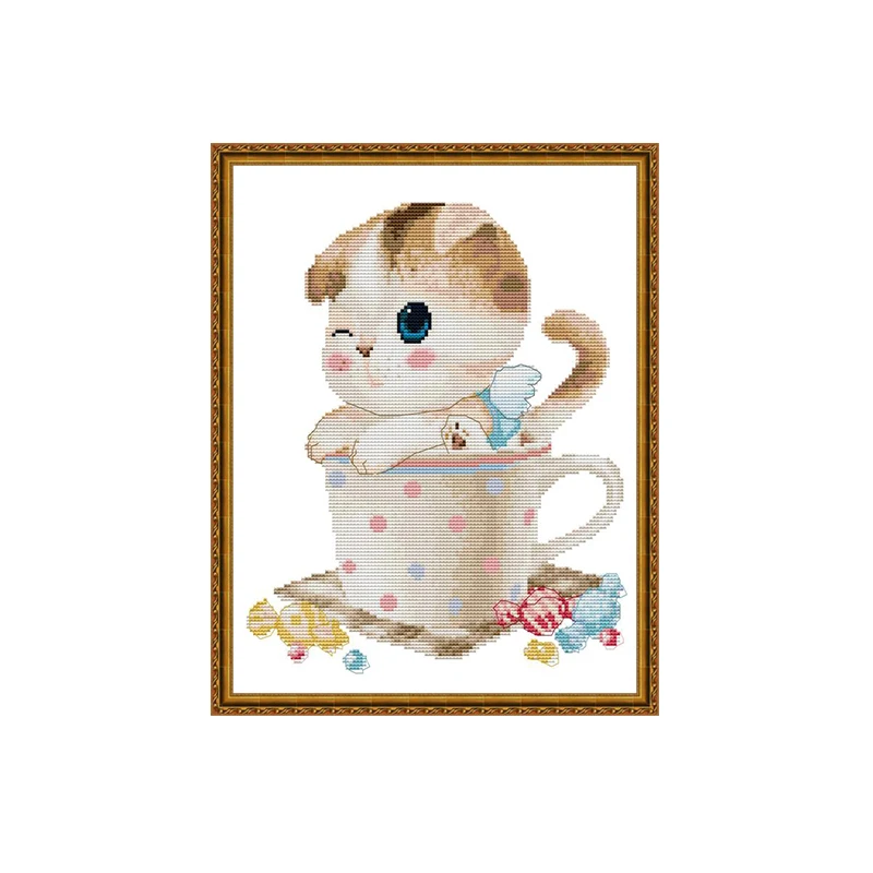 

Joy Sunday kitten in the cup Corss-Stitch Set Chidren Hand made DIY Embroidery Kits for Home Decor and Surprise Gift