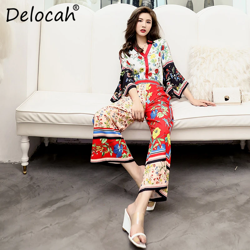 Delocah, модный осенний винтажный костюм для подиума, женская рубашка с расклешенными рукавами и цветочным принтом+ широкие брюки с эластичной резинкой на талии, комплект из 2 предметов