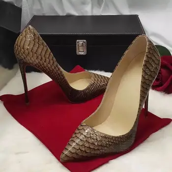 

Brown Color Snake Desige Women Genuine Leather Luxury High Heels Women Shoes Sexy Dress Shoes 6CM or 8CM or 10CM or 12CM