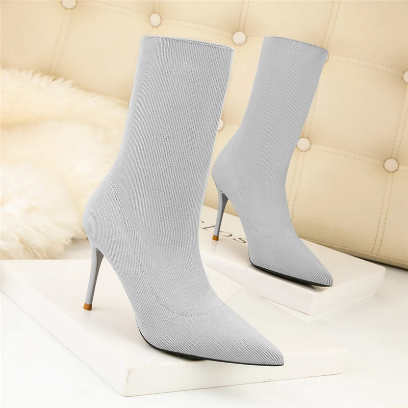Calcetines con punta en pico para mujer, botines de tejido elástico, tacón alto de 9cm, zapatos de talla grande, moda de invierno 2020