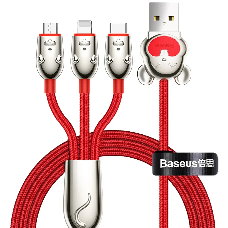 Baseus, милый USB кабель для iPhone 11, XR, 8, 6, samsung, Xiaomi, huawei, 3 в 1, зарядное устройство для мобильного телефона, Тип C, Micro USB C кабель - Цвет: Red