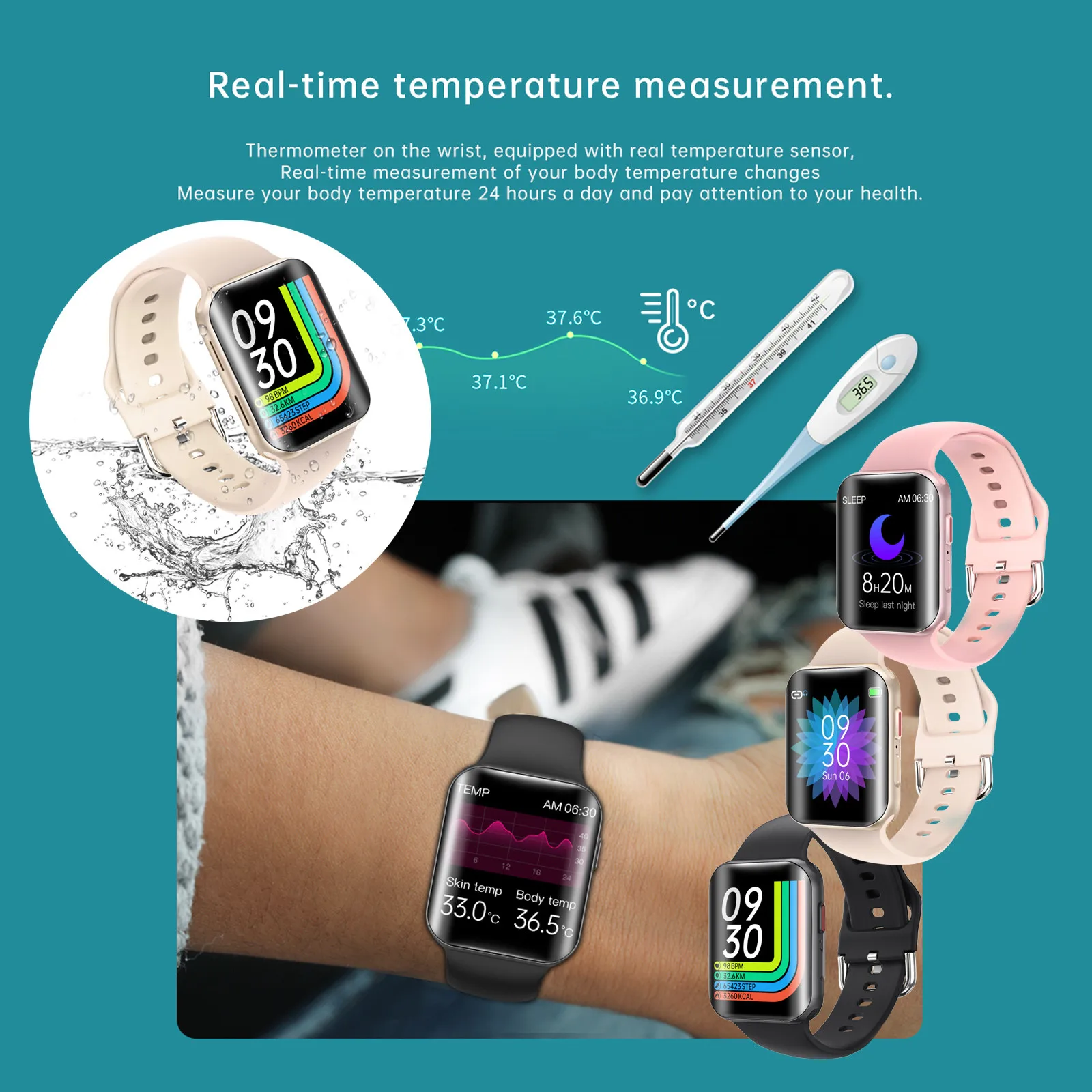 T68 Smart Watches Body Temperature Blood Pressure Monitor Waterproof