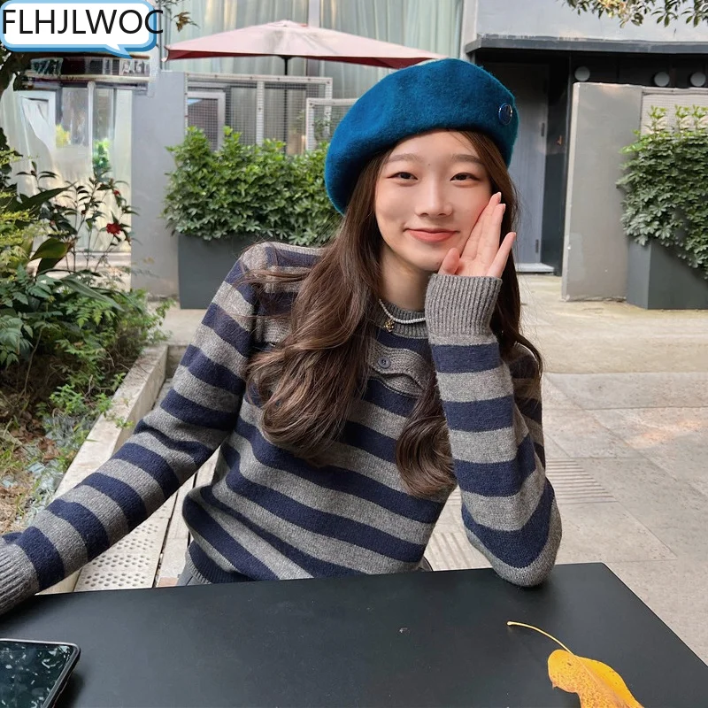 

Chic Korea Warm Basic Wear Tops Pullovers Hot Fashion European Design Women Slim Fitted Turtleneck Striped Knit Sweater Jumpers