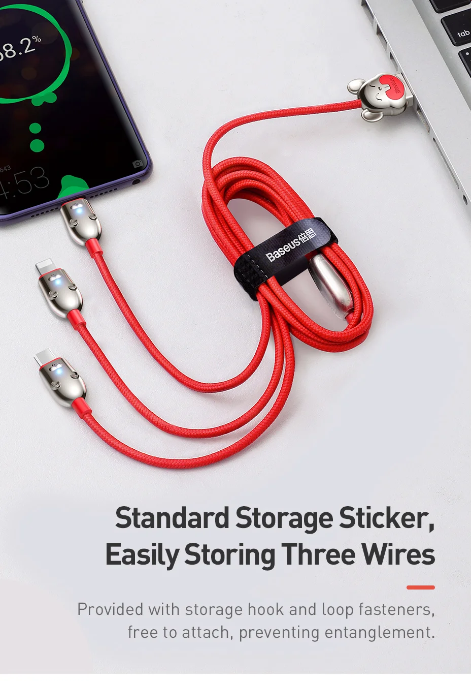 Baseus 3 в 1 USB кабель type C для iPhone XR XS Max зарядный кабель usb type C для samsung S10 S9 huawei мышь светодиодный Micro USB кабель