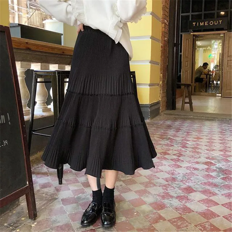 Black Apricot Ruffles Pleated Skirt Women Korean Harajuku Autumn Spring Streetwear Long Skirt Elegant Faldas Mujer Moda