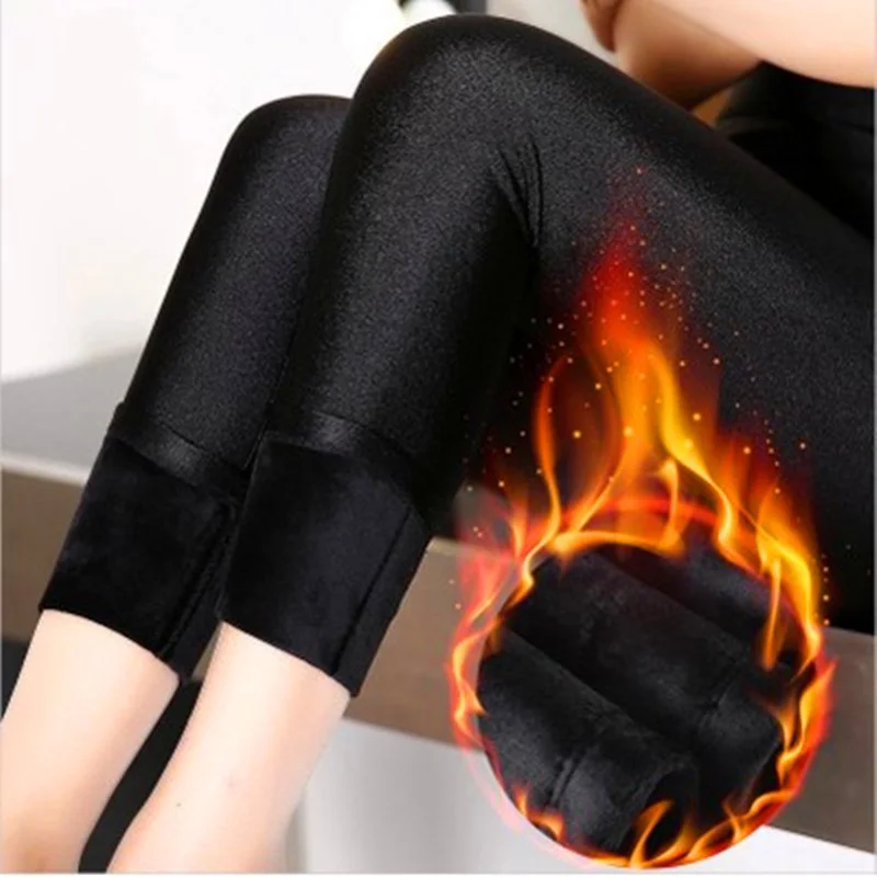 Women Shiny Black Warm Winter Leggings High Waist Stretchy Soft Large Size S-5XL Velvet Leggings Shiny Calzas Mujer Leggins