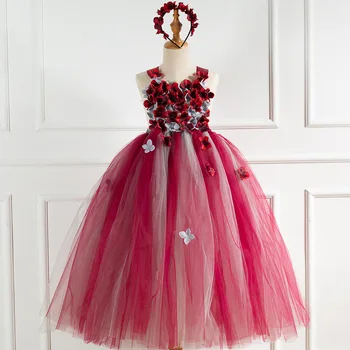 

Girls Mesh Red Tutu Dress with Flowers Headband Princess Party Floral Dresses Children Embroidery Ball Gown Costumes