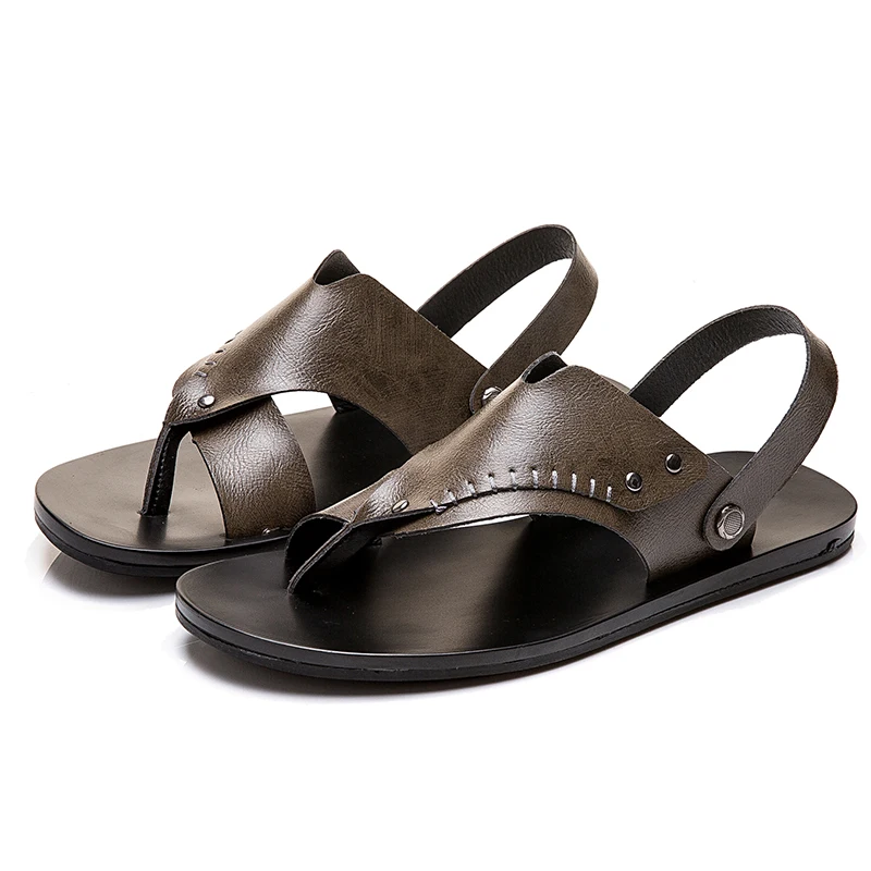 Хаки Men Sandals Leather Cowhide Summer Sandals Quality Beach Slippers Casual Outdoor Sneakers Male Slippers Big Size - Цвет: Хаки