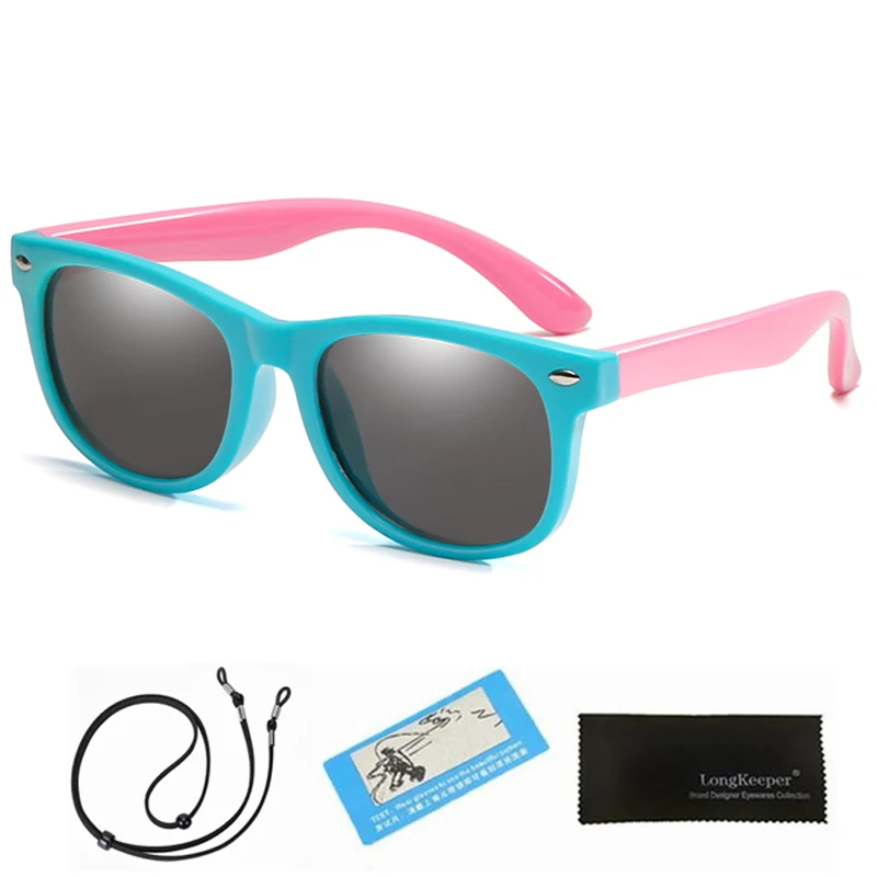 Light Blue-Pink Детские солнцезащитные очки, Детские поляризационные очки с квадратными линзами, с ремешком, для девочек и мальчиков, силиконовые, для детей, подарок для ребенка, защитные очки UV400 - Цвет линз: Light Blue-Pink