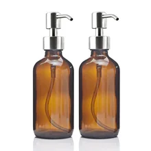 2pcs 8 Oz Amber Glass Boston Round Bottle w/ Stainless Steel Pump for Kitchen Bathroom Liquid Soaps Essential oils Lotions 250ml