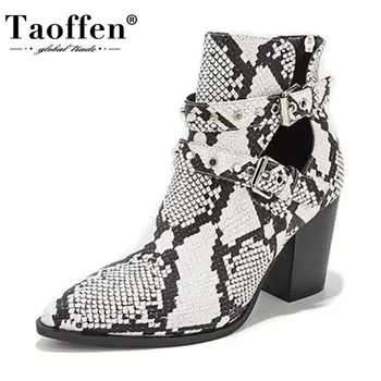 

TAOFFEN Size 36-43 Fashion Women Spring Ankle Boots Snake Print Pointed Toe Shoes Women Modern Buckle Back Zipper Thick Heels