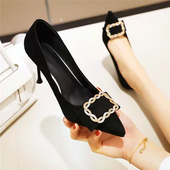 

Sexy Ladies High Heel Shoes Crystal Stiletto Heels Pointed Toe Party Shoes For Women Black Flock Mary Janes Plus Size 34-40