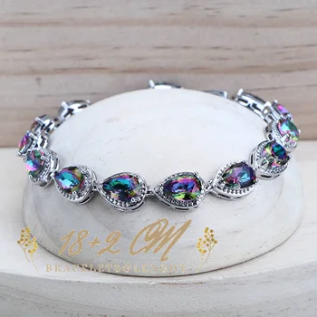 مجموعة مجوهرات الزفاف الفضية للنساء ، مجوهرات قوس قزح ، مكعب زركونيا ، أقراط ، خواتم ، أساور ، قلادة ، 925 3