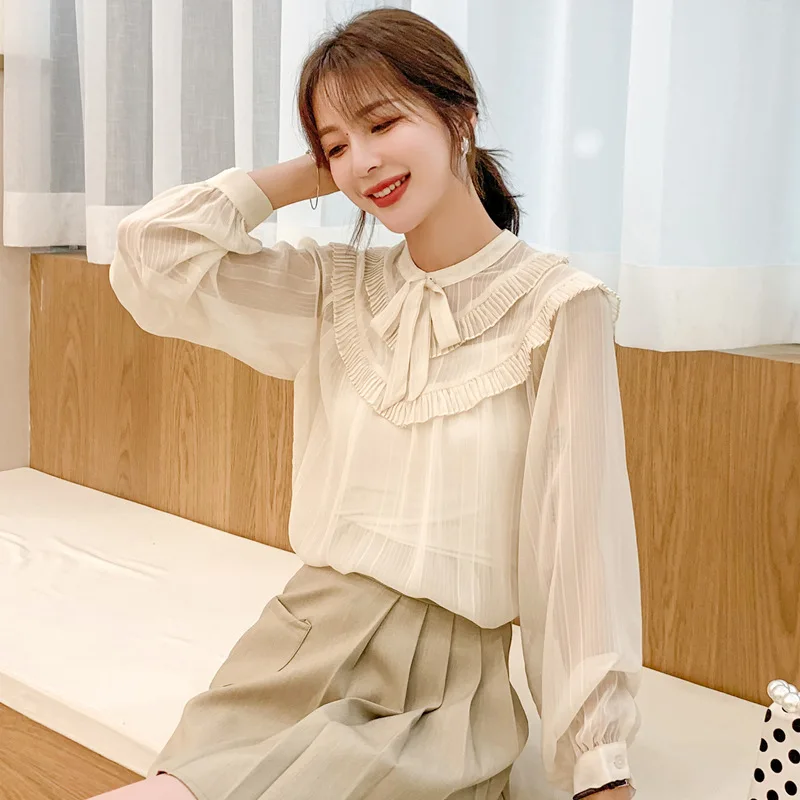  2019 Autumn Long Sleeve Very Fairy White Shirt Bow Chiffon Blouses for Women Fashion Western Style 