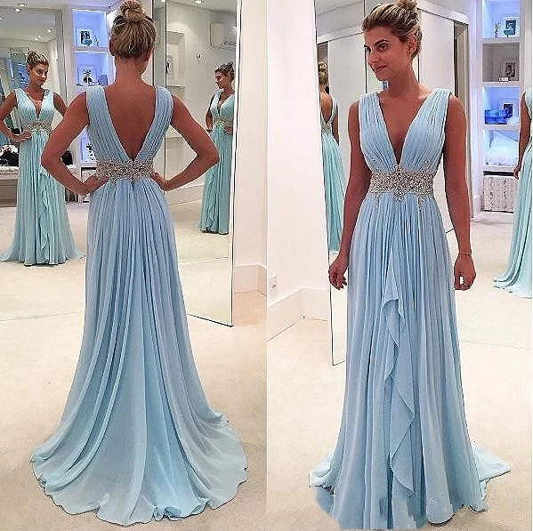 Blue 2019 Prom Dresses A-line Deep V-neck Chiffon Beaded Party Maxys Plus Size Long Prom Gown Evening Dresses yellow formal dresses