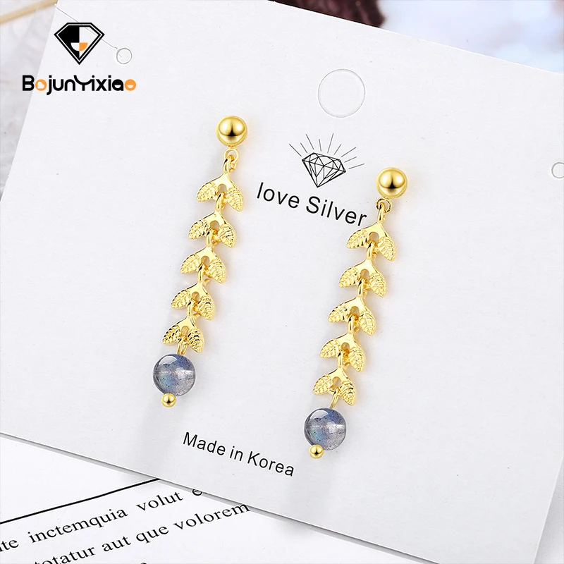 

Natural Moonstone 925 Tremella line Elegant and sweet leaf long earrings Fashion women's Earrings Women's jewelry accessories