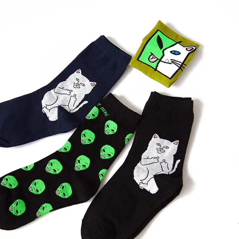 1 пара; модные удобные теплые хлопковые носки унисекс с рисунком кота из мультфильма; сезон осень-зима; вечерние носки на Хеллоуин