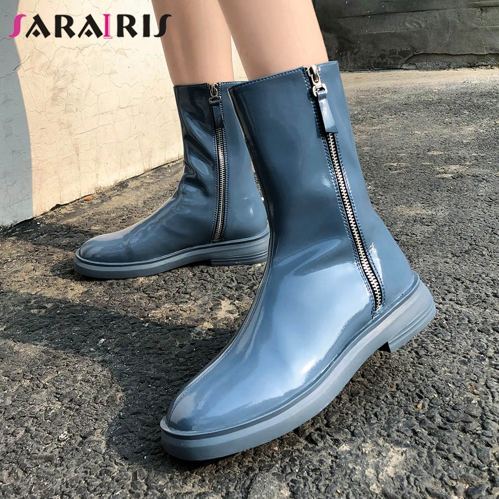 

SARAIRIS Brand Design Platform Booties Ladies Fashion Patent Genuine Leather Ankle Boots Women 2019 Low Heel Date Shoes Woman