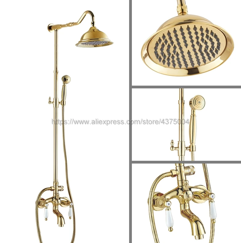 

Golden Bathroom Rainfall Shower Faucet Set Double Handle Mixer Tap With Hand Sprayer Wall Mounted Bath Shower Sets Ngf683