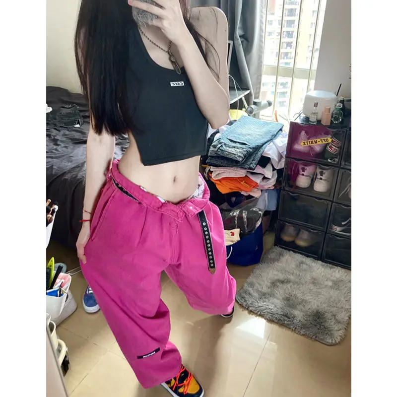 Women Wide-leg Pants Thin High-waist Rose Red Female Trousers Straight-leg Sports Harajuku Casual Street Skateboard Loose Trend