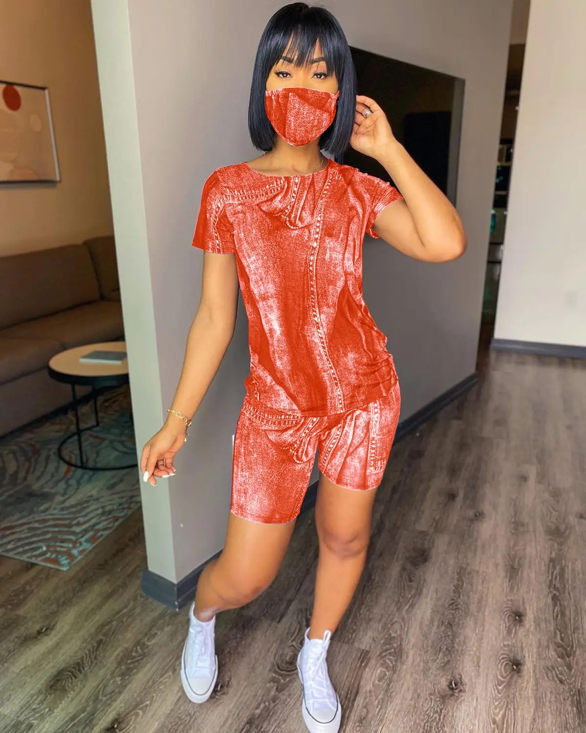 Women 3 Peice Set With Mask Pants Sets Female Casual Print Denim Outfits Jogger Two Piece Set Korean Tracksuit F991
