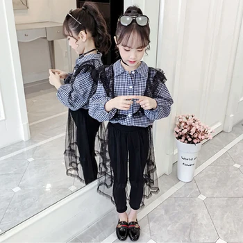 

Cuhk Children's Lace Set Teenager Girl Lapel Plaid Shirt And Mesh Skirt Pants 2pcs Girls Outfits Toddler Cotton Blend Kids Suit
