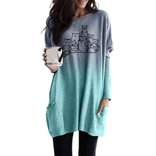 Модная футболка для женщин, градиентная футболка с длинным рукавом и карманом, футболка с принтом Группы кошек, Женская забавная футболка, большие размеры